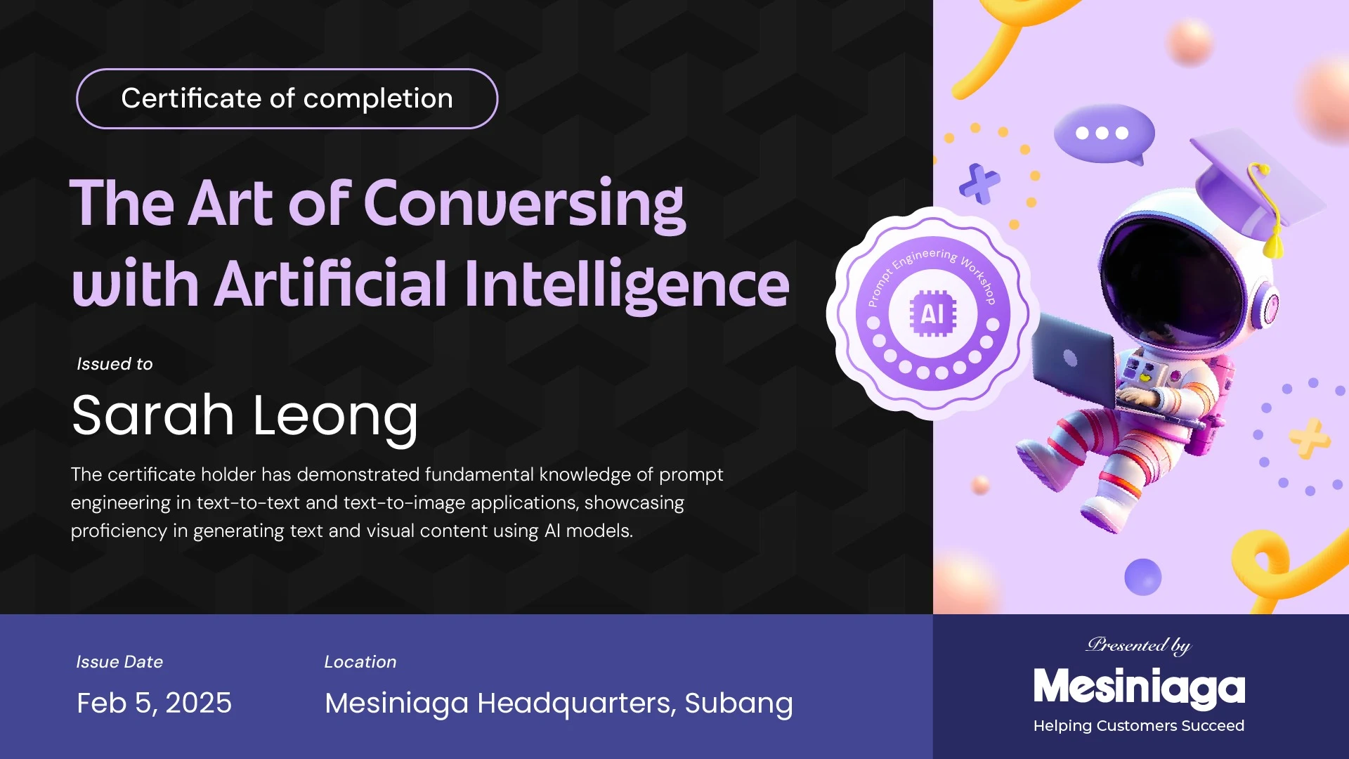 Sample Certificate of Completion for Mesiniaga's AI Prompt Engineering Programme