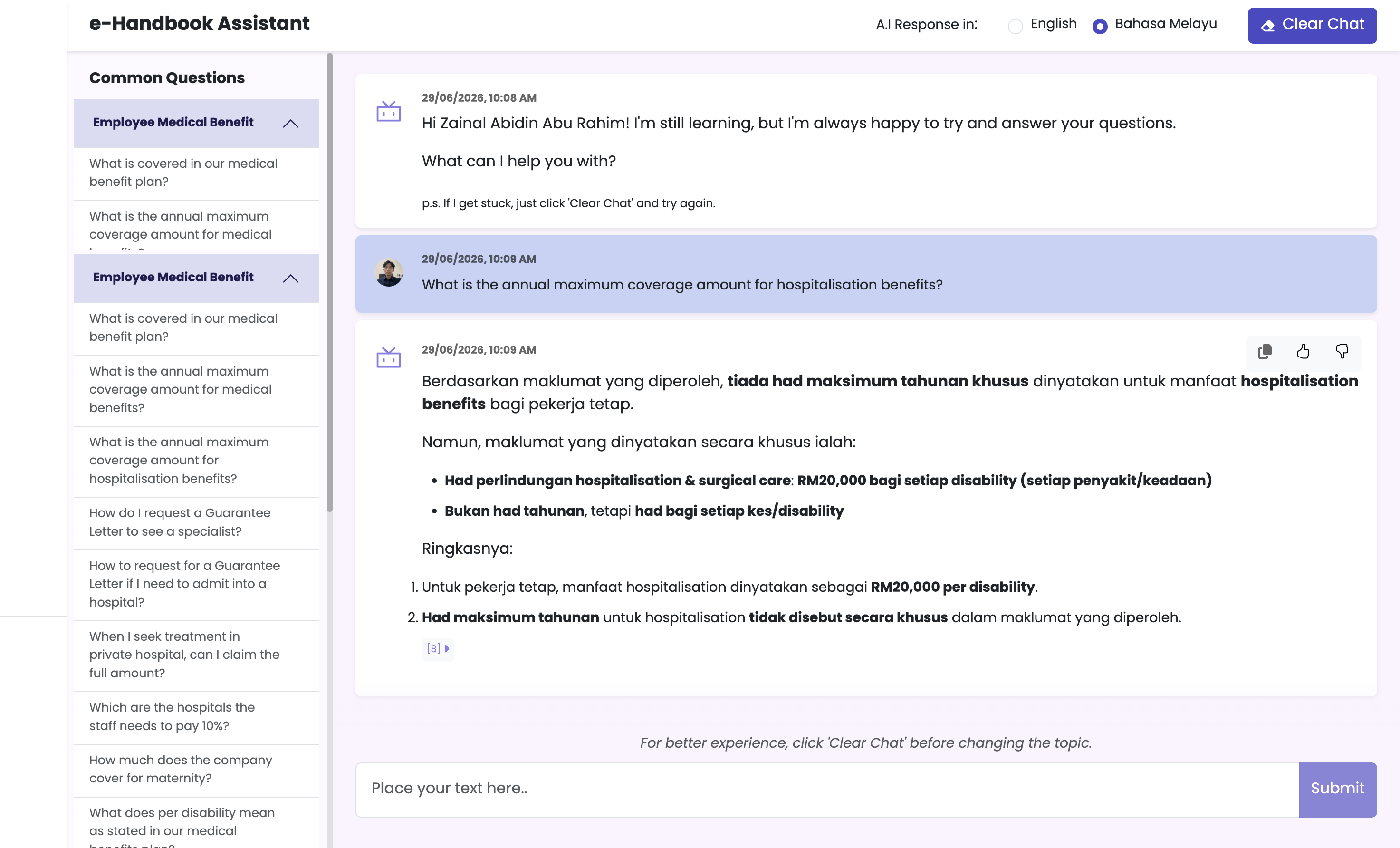 e-Handbook Assistant Bahasa Melayu Q&A UI