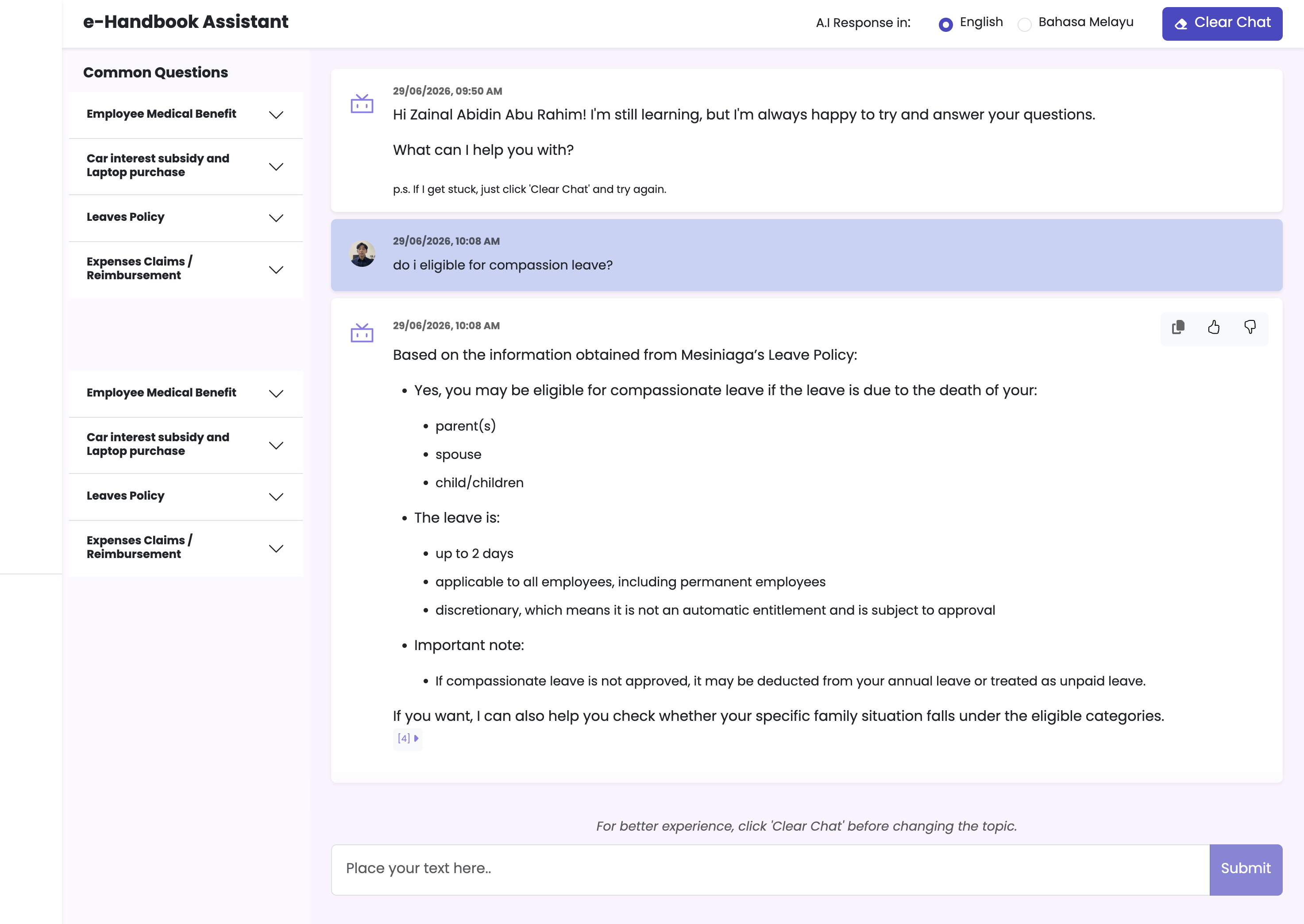 e-Handbook Assistant Natural Language Search English Q&A UI